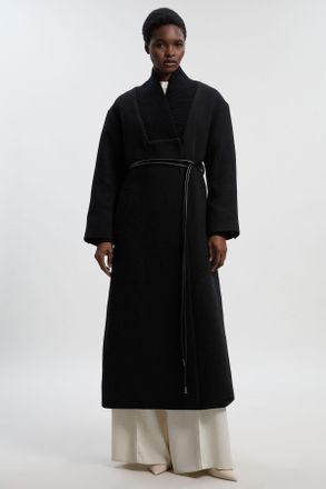 Karen Millen Womens Wool Knitted Wrap Neck Belted Tailored Midi Coat - Black - Size 10 UK