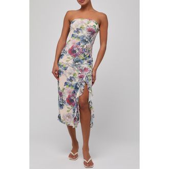 Lulus Aria Ruffle Strapless Midi Dress in Peach Floral at Nordstrom Rack, Size Large