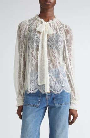 Ulla Johnson Iliana Pussybow Tie Sheer Cotton Lace Top in Pearl at Nordstrom Rack, Size 4