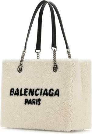 Balenciaga Womens Shearling Logo Tote White
