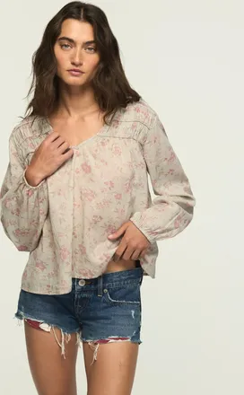 Lucky Brand Womens Long Sleeve Ruched Peasant Top