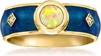 Ross-Simons Opal and Blue Enamel Ring With Diamonds in 18kt Gold Over Sterling