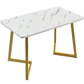 Urban Meuble Mesa de comedor con dise&ntilde;o de m&aacute;rmol y patas de metal dorado/blanco