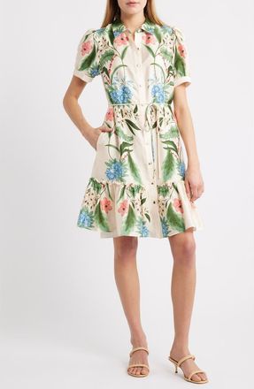 Julia Jordan Floral Short Sleeve Ruffle Hem Shirtdress in Ivory Multi at Nordstrom, Size X-Large
