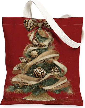 Generic Christmas Tree Canvas Tote Bags, Holiday Decor Pattern Reusable Bags, Vintage Elegant Lightweight Washable Canvas for Trave, Red, 13x15 Inch