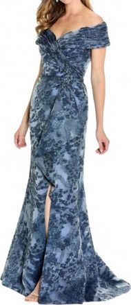 Montage by Mon Cheri Front Slit Off The Shoulder Dress In Navy
