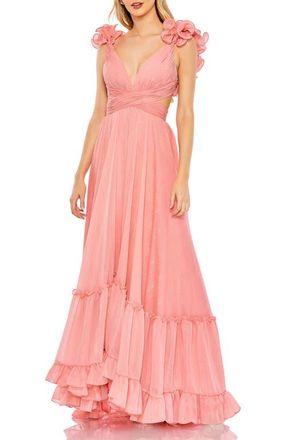Mac Duggal Ruffle Sleeve V Neck A Line Gown in Coral at Nordstrom, Size 12