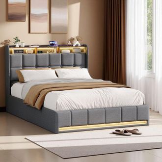 OEM Cama Lit 140x190 Cm, Estructura De Cama 140x190 Cm Con Somier, Cama Para Adultos, 2 Personas, Cofre De Almacenamiento, Tela De Lino, Gris