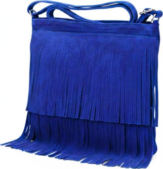 LiaTalia Womens Fringe Handbag - Real Italian Suede Leather - Tassle Effect Shoulder Bag in Small Size - Robin [Electric Blue]