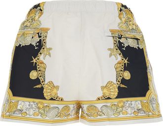 Versace White Swim Shorts With Elastic Drawstring Waist And Coral Theatre Print In Tech Fabric Man