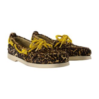 Golden Goose Womens Leopard-Print Calf Hair Boat Shoe Brown Cowhide Flats