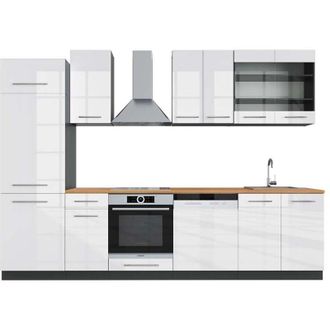 Vicco Mueble De Cocina Fame-line, Blanco Brillo/antracita, 300 Cm, Et Roble