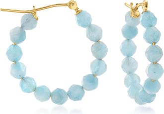 Ross-Simons Aquamarine Bead Hoop Earrings in 14kt Yellow Gold