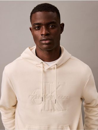 Calvin Klein Mens Embroidered Monogram Logo Fleece Classic Hoodie - White - XL
