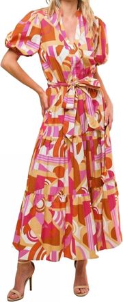 Flying Tomato Clementine Printed Poplin Puff Sleeve Maxi Dress In Camel/pink