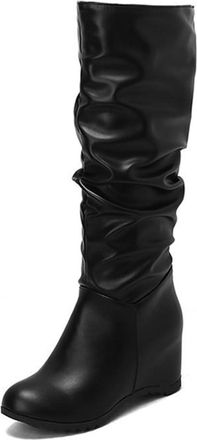 Generic Womens Slip On Hidden Wedges Heel Round Toe Mid Calf Slouch Riding Boots for Winter (5.5,Black)