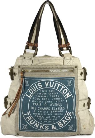 Louis Vuitton Blue Ivory Leather Canvas Shoulder Bag Tote Bag (Pre-Owned)