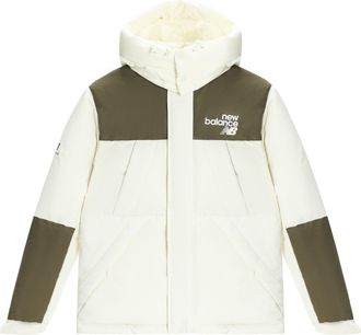 New Balance Windproof Hooded Down Jacket Asia Sizing White Olive Green AMJ24377-CIC