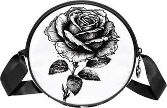Generic Circle Crossbody Bag for Women, Black and White Rose Small Sling Bag Daypack with Zipper Adjustable Shoulder Straps Casual Ladies Girls Round Purse