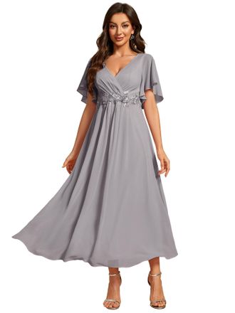 Ever-pretty Womens Embellished Midi Evening Dress Ladies Short Sleeve line with Short Sleeve for Wedding Guest Dress Grey 12UK