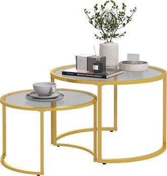 HOMCOM Modern Coffee Table Set of 2 - Nesting Tables with Glass Top - Gold | TJ Hughes
