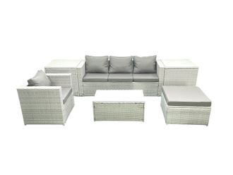 Fimous 6 Pieces Rattan Garden Furniture Set Outdoor Garden Sofa Chair Coffee Table Set with 2 Side Tables Big Footstool Light Grey Mixed