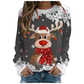 Generic Womens Ugly Christmas Sweatshirt Funny Reindeer and Snowflake Graphic Print Womens Christmas Sweatshirts Loose Fit Xmas Jumpers Pullover Tops Ugly Fun