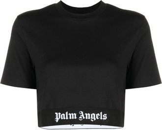 Palm Angels logo-tape cropped T-shirt - women - Cotton/Elastane - L - Black