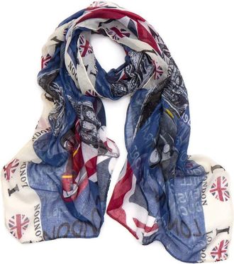 World of Shawls UK London Souvenir Scarves Wraps Shawls Womens Unisex Street Party Queens 90th Birthday Celebrations (I Love London Border - Blue/Cream)