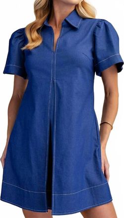 Glam Collar V-Neck Pleated Mini Dress In Indigo