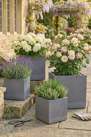 Dibor Set of 4 Slate Grey Ribbed Fibre Clay Plant Pots Outdoor Planters | Size: Large