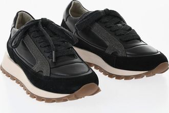 Brunello Cucinelli Low-Top Suede And Leather Sneakers With Rhinestones And Contrasting Sole Brunello Cucinelli