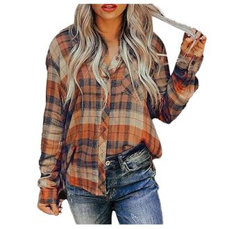 Generic Womens Long Sleeve Shirts with Checkered Pattern Button Down Shirts for Women Fall Fashion Colorful Plaid Print Long Sleeve Blouses Lapel Winter Coats