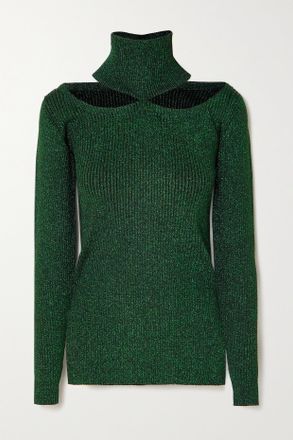 Christopher Kane Cold-shoulder Ribbed Lurex Turtleneck Top - Verde