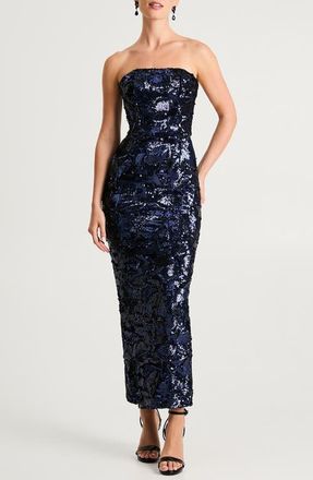 Helsi Leslie Pattern Sequin Strapless Gown in Navy at Nordstrom, Size X-Small