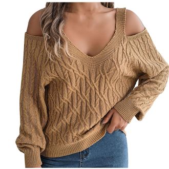 Generic Womens Sweaters Cold Shoulder Lantern Long Sleeve Jumpers Casual V Neck Chunky Knit Pullover Loose Comfort Knitwear Fall Winter Versatile Warm Tunic T