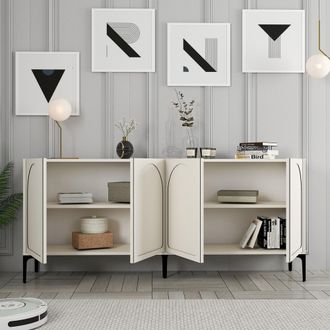 Dmora Aparador Torno, Alacena 2 Estantes, 4 Compartimentos, 4 Puertas, 180x35x79h Cm Blanco Crema