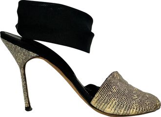 Manolo Blahnik Snake-Embossed Lace Up Sandals in Animal Print Leather