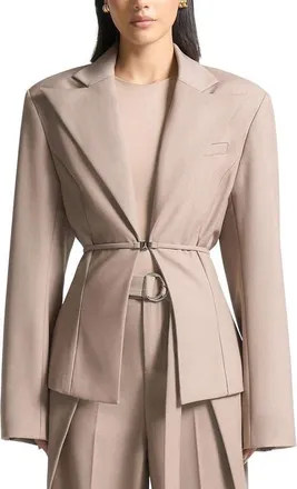 Mani&egrave;re De Voir Wide Shoulder Tailored Blazer with Twin Belt in Taupe at Nordstrom, Size 10