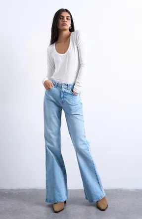 Topshop Scoop Neck Long Sleeve Rib Top in Cream at Nordstrom Rack, Size Medium