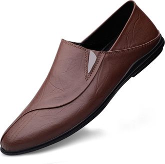 Generic Mens Loafers Shoes Round Toe Loafer Shoes Leather Flexible Slip Resistant Comfortable Walking Prom Slip-ons(Brown,7 UK)