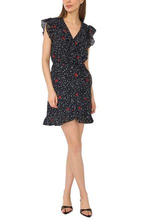 CeCe by Cynthia Steffe Ruffle Surplice Faux Wrap Miniskirt in Rich Black at Nordstrom, Size 00