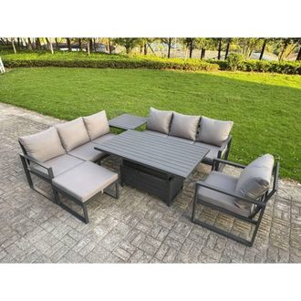 Fimous Aluminum 8-Seater Sofa Dining Set with Lifting Table, Side Table in Dark Grey