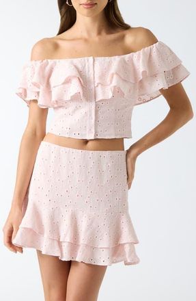 Guess Sade Eyelet Off the Shoulder Crop Top in Light Pink at Nordstrom, Size Large