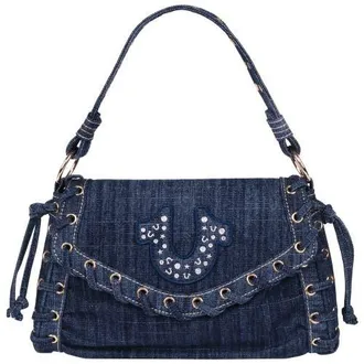 True Religion Studded Horseshoe Eyelet Denim Flap Bag in Dark Denim at Nordstrom