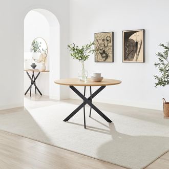 Furniturebox Novara Round Oak Veneer & Black Metal 6 Seater Dining Table in Light Brown