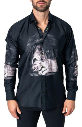 Maceoo Fibonacci Love Lion Cotton Button-Up Shirt in Black at Nordstrom, Size Xx-Large
