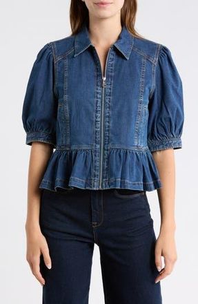 Cinq &agrave; Sept Daphne Puff Sleeve Peplum Denim Jacket in Ruisseau at Nordstrom Rack, Size X-Small