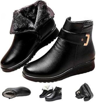 Generic Womens Metal Buckle Genuine Leather Wool Orthopedic Boots, Winter Warm Non-Slip Artificial Fur Lined Waterproof Ankle Boot with Zipper (Black,37)