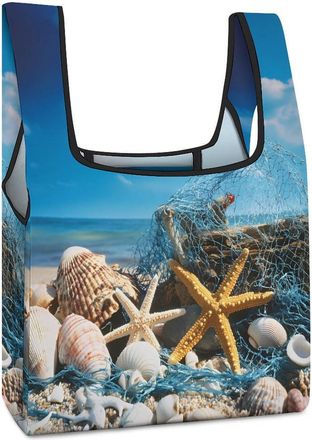 Generic Beach Seashell Starfish Reusable Shopping Bags Lightweight Foldable Grocery Bag Polyester Washable Tote Bag